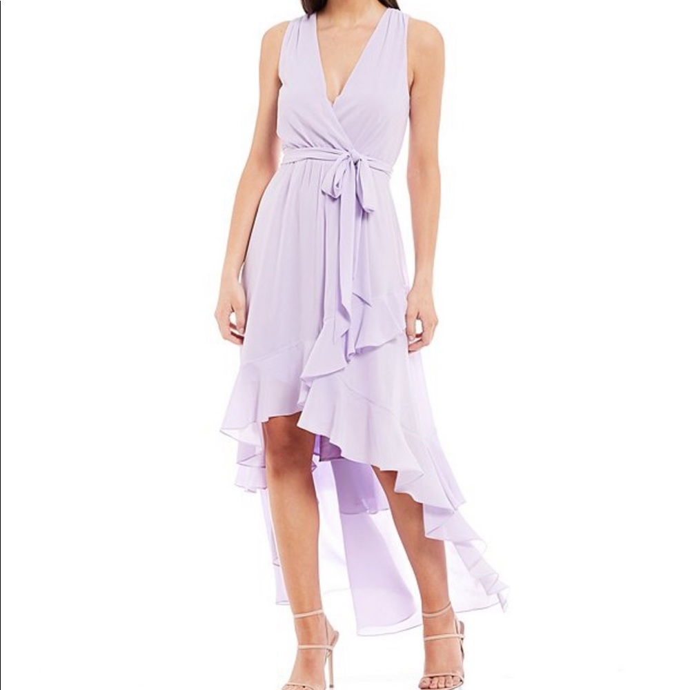 Nyla VNeck Ruffle Tie Waist Hi-Low Georgette Dress